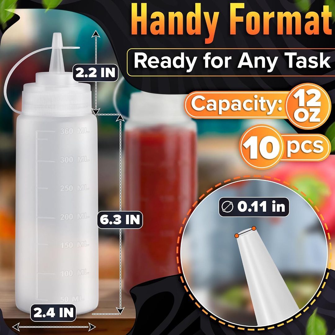 10-Pack Plastic Condiment Squeeze Bottles 12 oz for Sauces, Oil, view 3