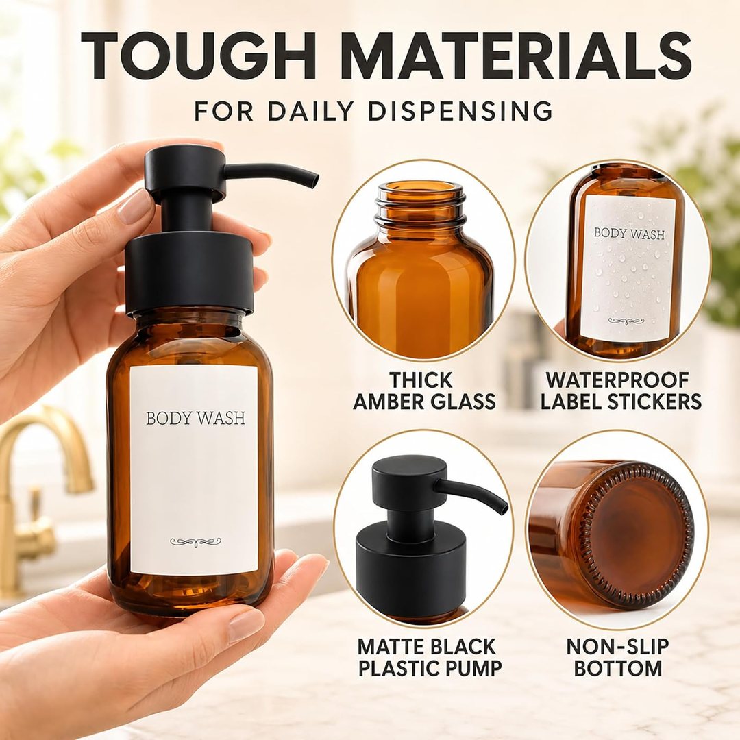 2 Pcs Amber Glass Foaming Soap Dispenser with Pump, 8.5 oz Bottles, view 4