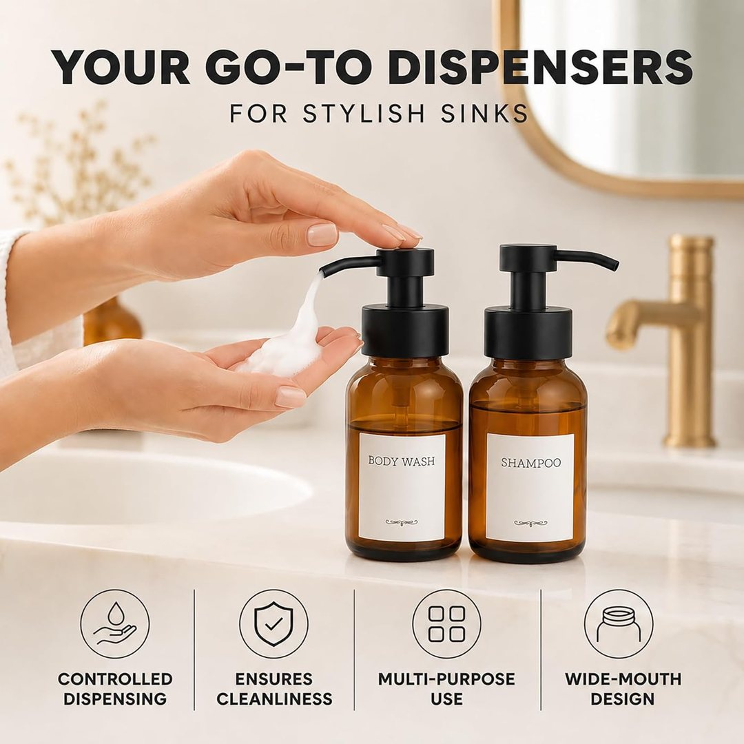2 Pcs Amber Glass Foaming Soap Dispenser with Pump, 8.5 oz Bottles, view 5