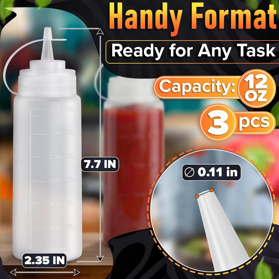 3-Pack 12 oz Condiment Squeeze Bottles for Sauces, Squirt Bottle for O, view 3
