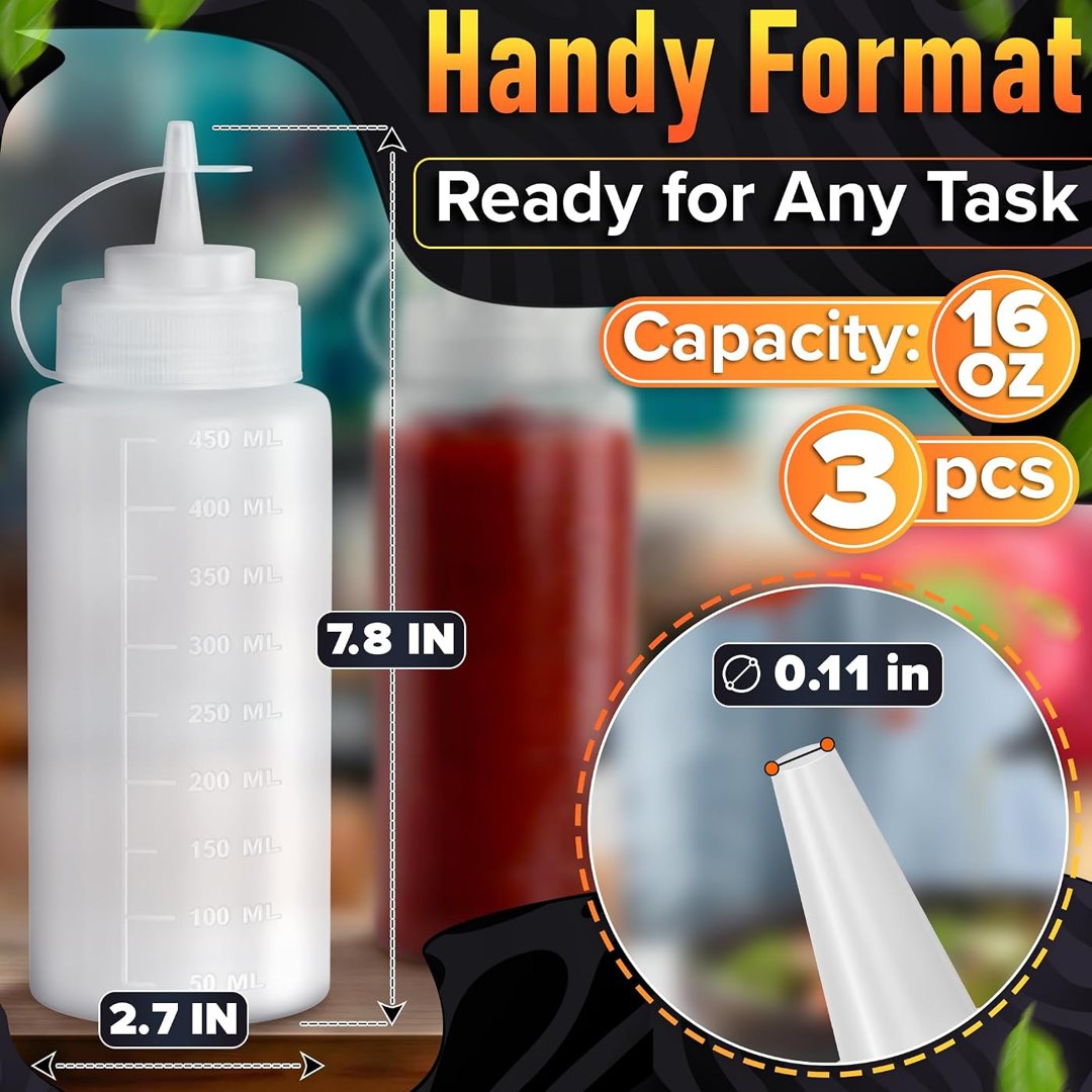 3 Pack 16 oz Condiment Squeeze Bottles for Sauces, Squirt Bottle for O, view 3