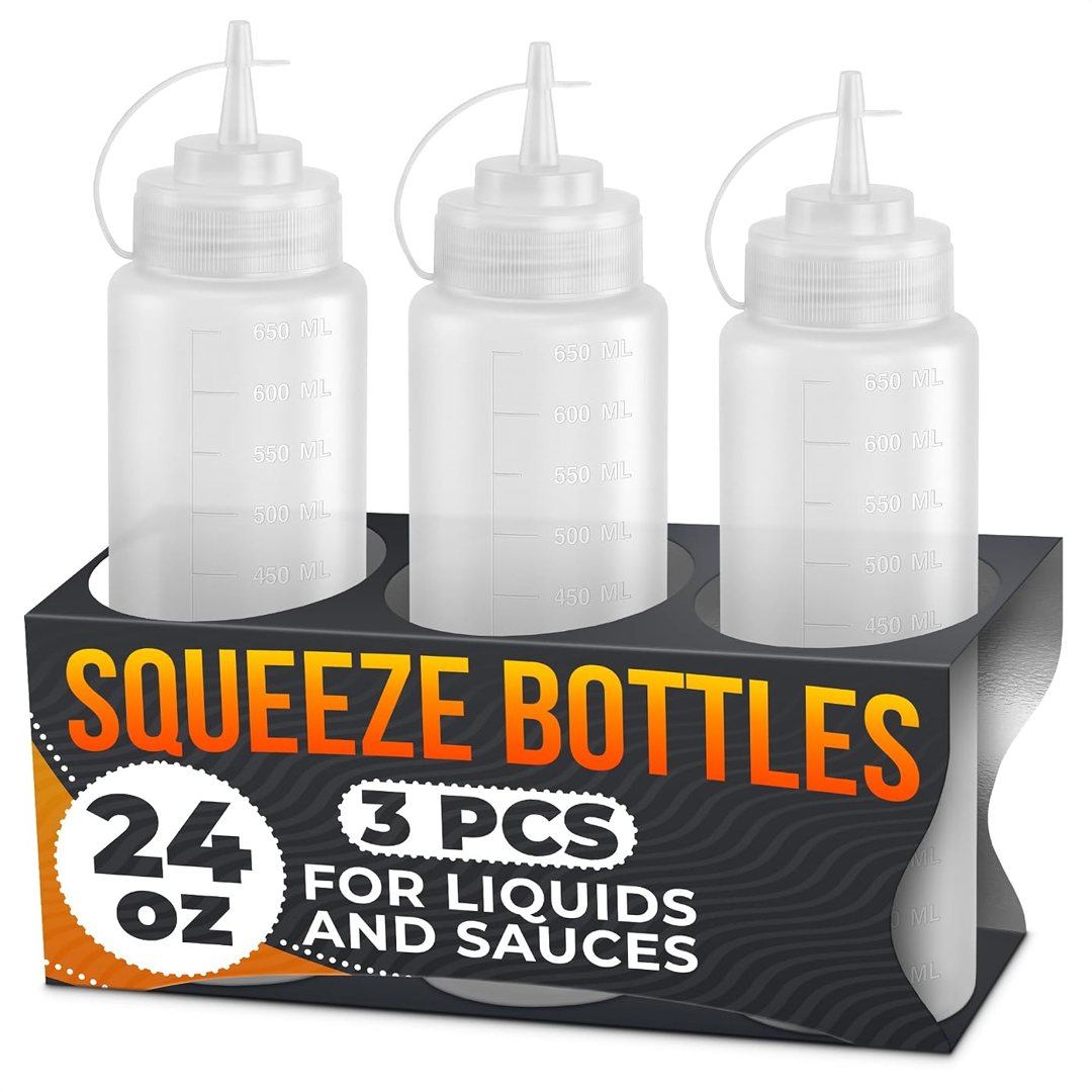 3-Pack 24oz Plastic Condiment Squeeze Bottles for Sauces with Tethered, view 2