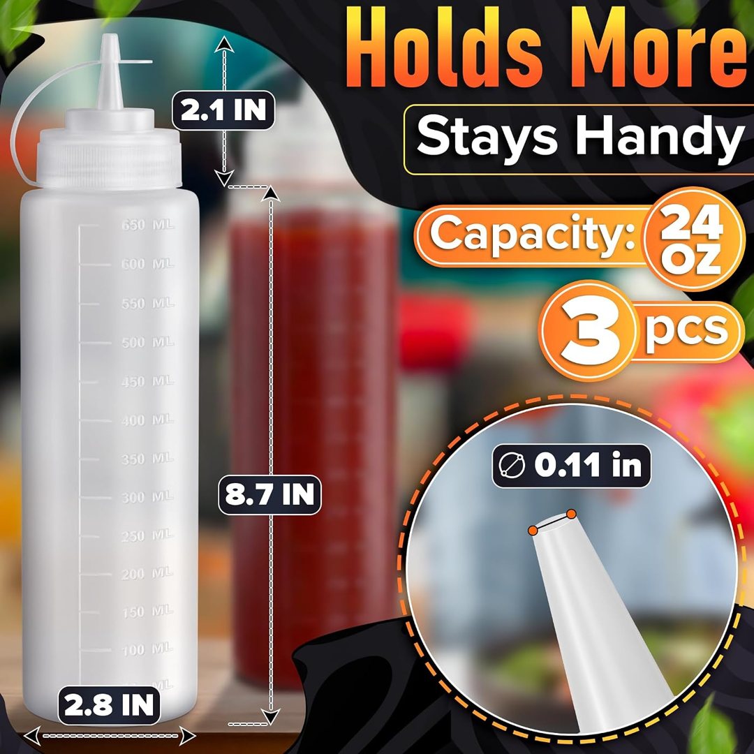 3-Pack 24oz Plastic Condiment Squeeze Bottles for Sauces with Tethered, view 3
