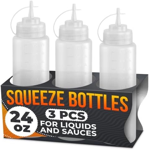 3-Pack 24oz Plastic Condiment Squeeze Bottles for Sauces with Tethered Caps