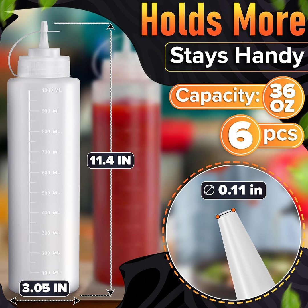 6 Pack 36 oz Plastic Condiment Squeeze Bottles for Sauces, Syrup Bottl, view 3