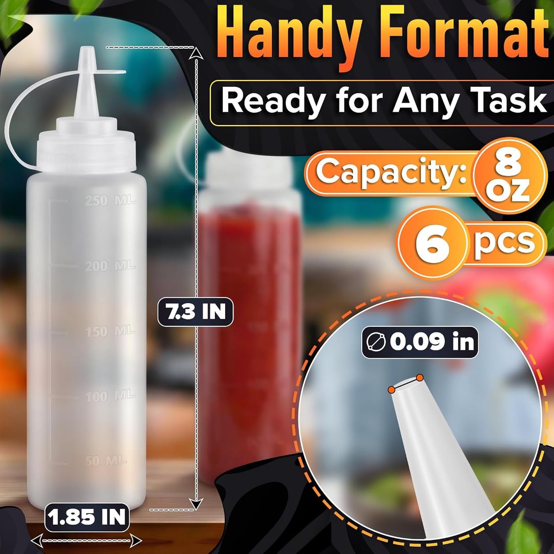 6 Pack 8 oz Condiment Squeeze Bottles for Sauces, Squirt Bottle for Li, view 3