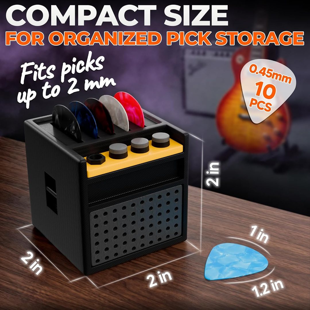 Guitar Pick Holder Box for 5 Picks, Mini Amp Display, Black 2 in, view 3