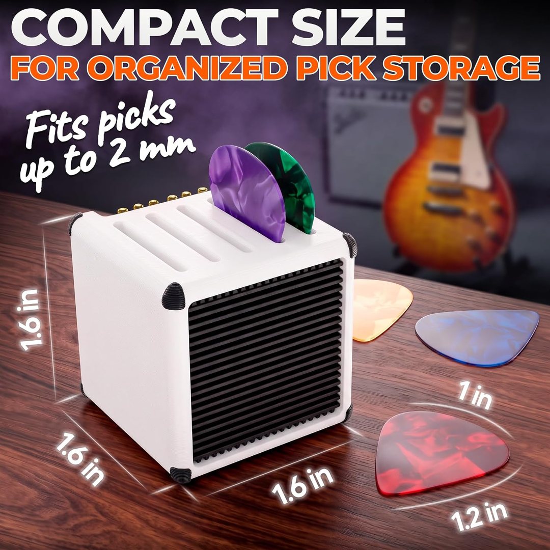 Guitar Pick Holder Storage Box, Mini Amp Display, White, 5 Slots, view 3