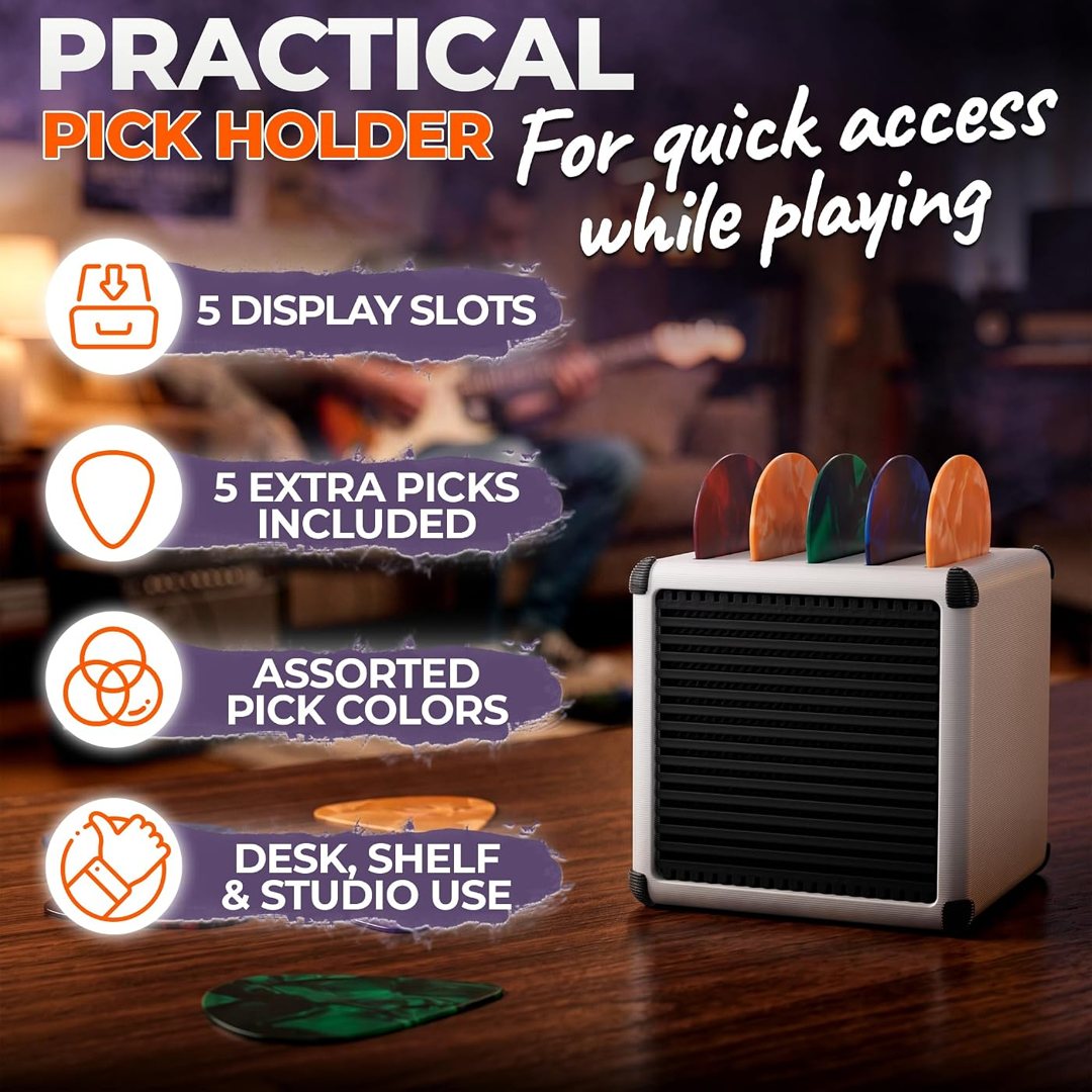 Guitar Pick Holder Storage Box, Mini Amp Display, White, 5 Slots, view 5