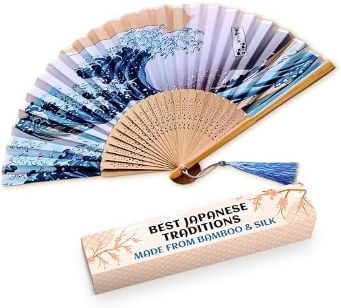 Japanese Fan for Women, 14.5x8.2 In Silk Bamboo Hand Fan Foldable