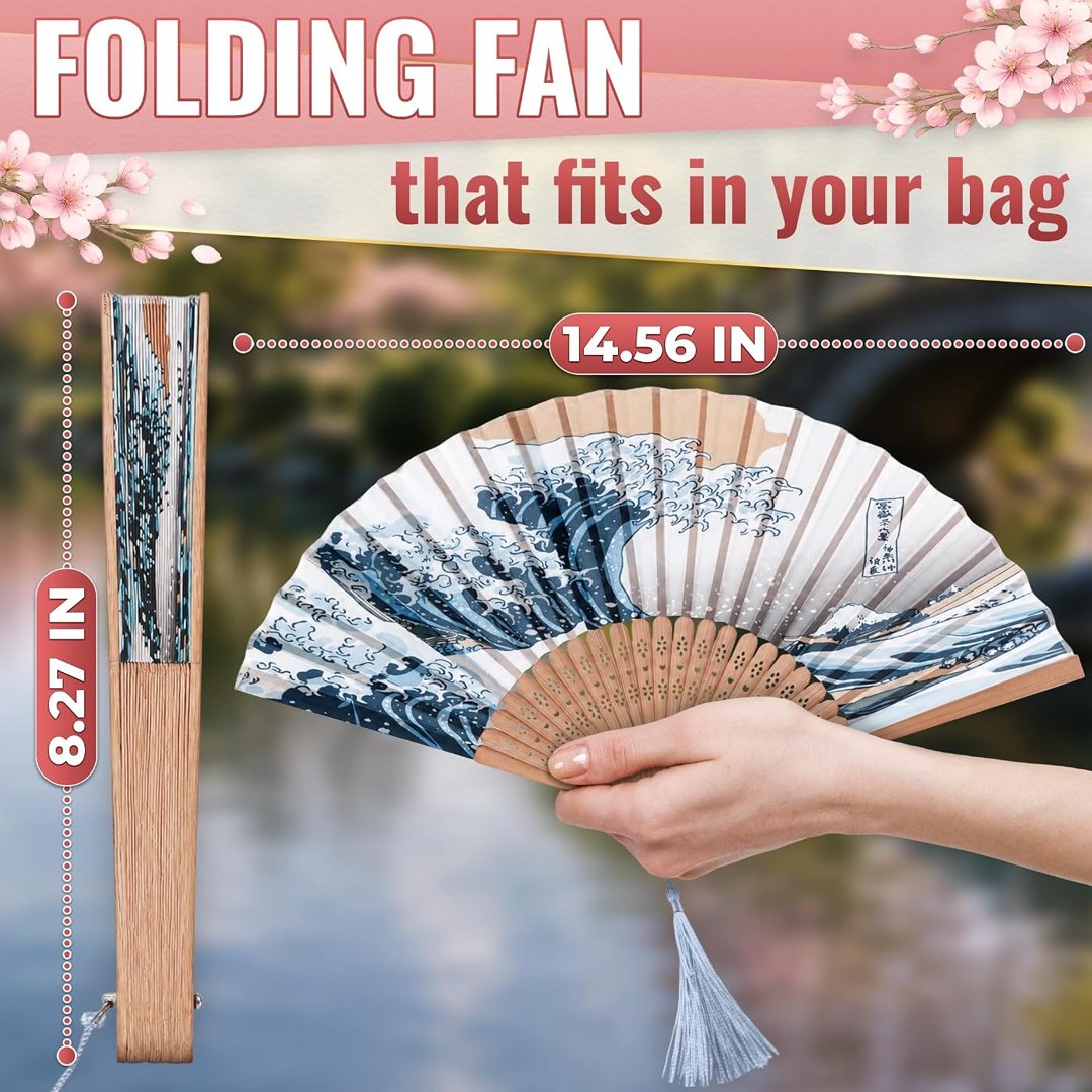 Japanese Fan for Women, 14.5x8.2 In Silk Bamboo Hand Fan Foldable, view 3