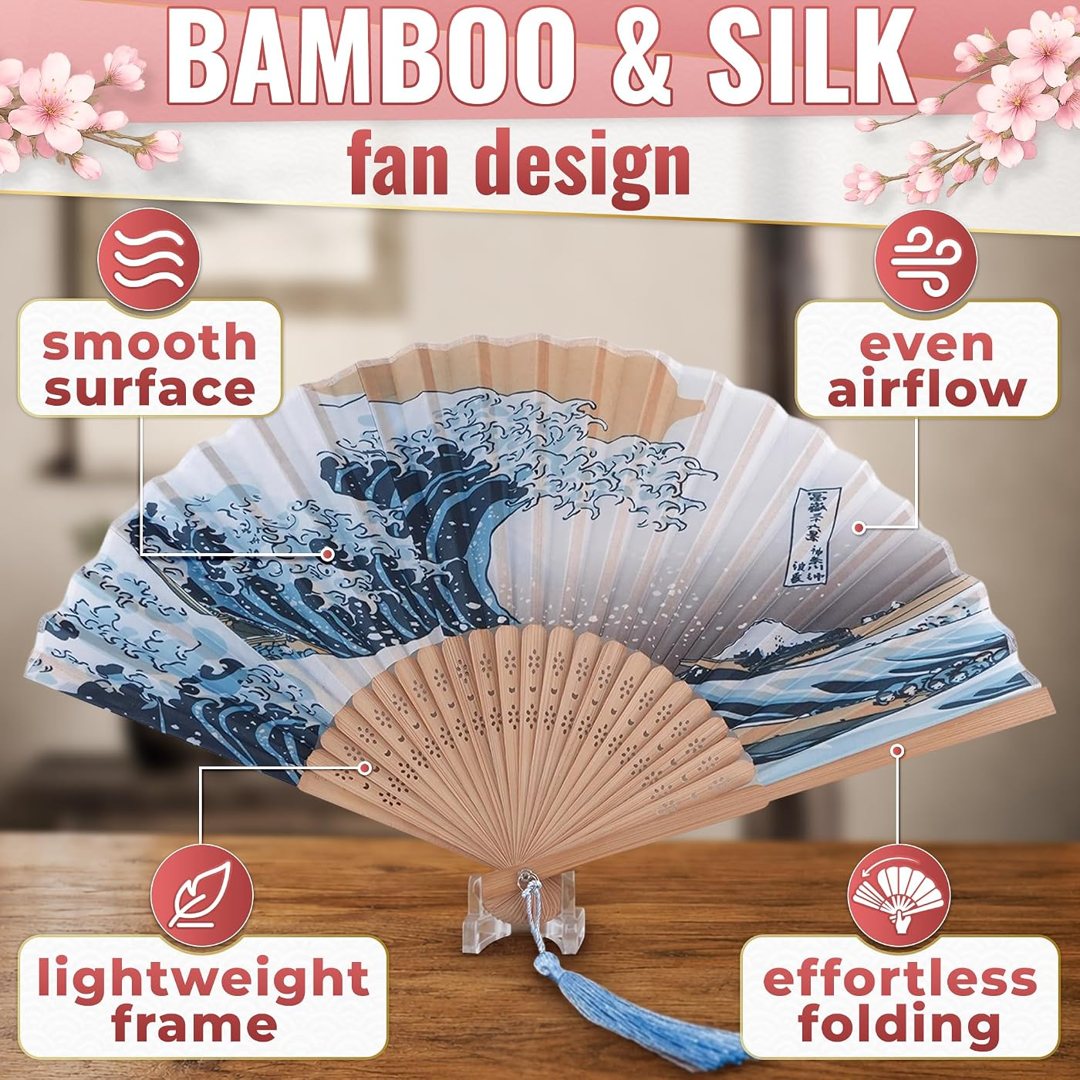 Japanese Fan for Women, 14.5x8.2 In Silk Bamboo Hand Fan Foldable, view 4