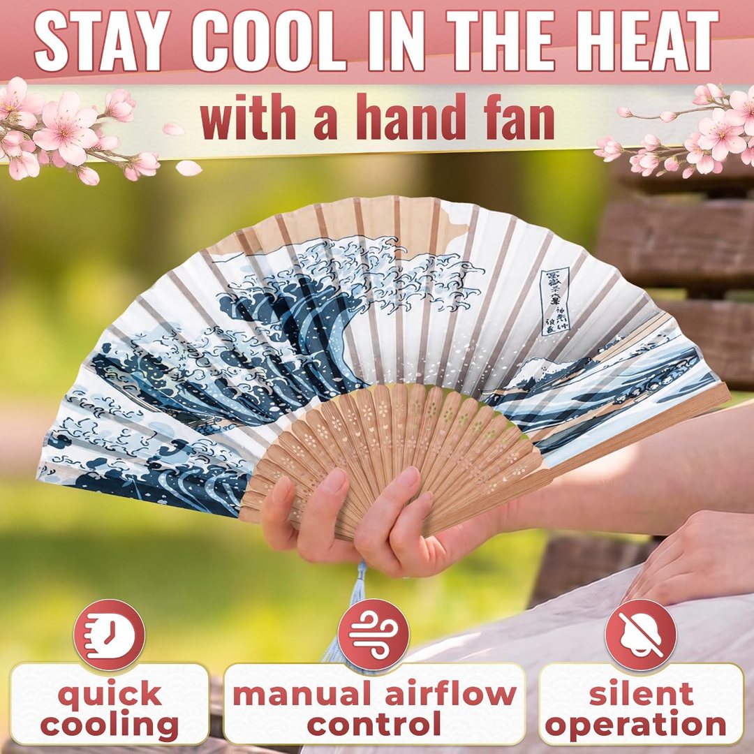 Japanese Fan for Women, 14.5x8.2 In Silk Bamboo Hand Fan Foldable, view 5
