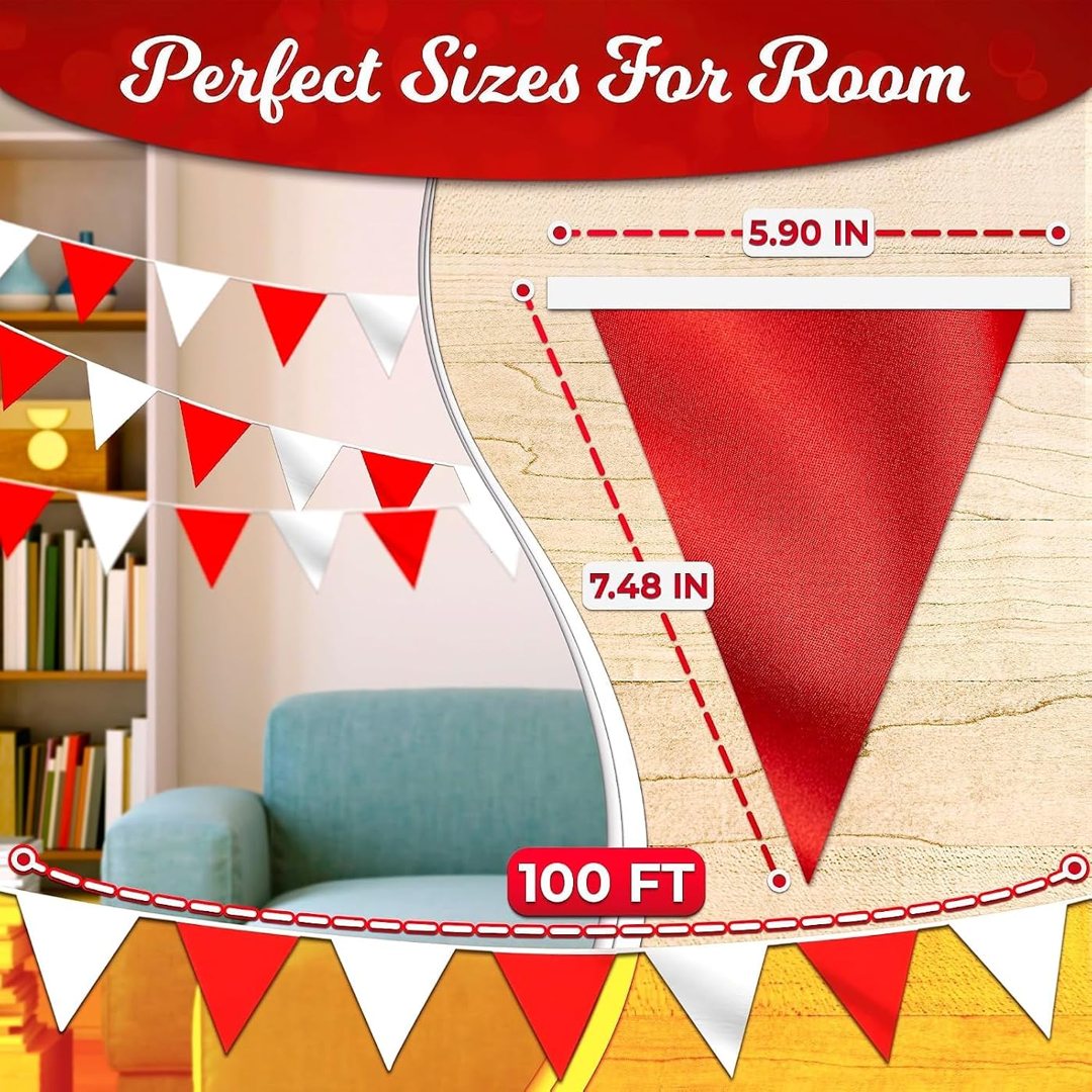 Pennant Banner Flags 100 Feet, Red and White Triangle Party String, view 4