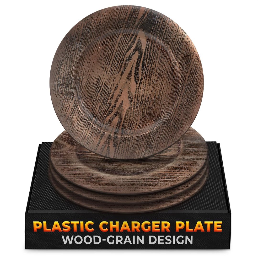 Plastic Charger Plates Set of 4, 13 In Large Faux Wood Style Round Bro, view 2