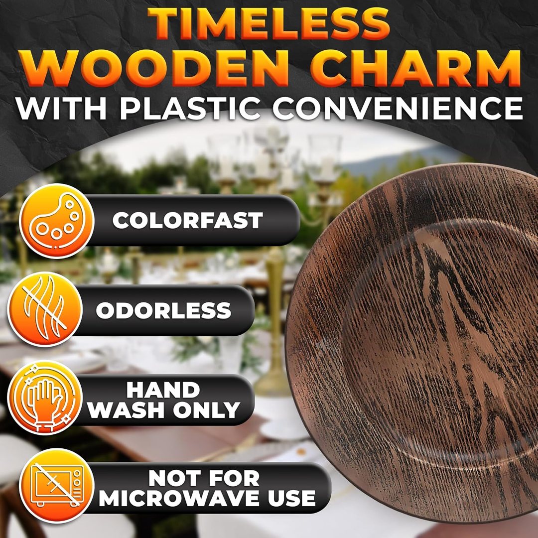 Plastic Charger Plates Set of 4, 13 In Large Faux Wood Style Round Bro, view 4