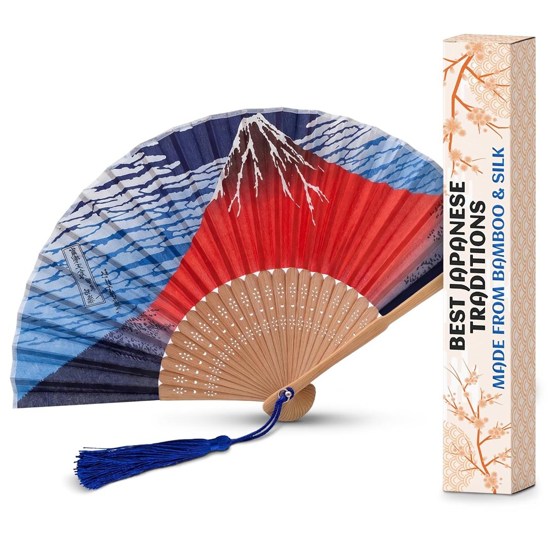 Silk Japanese Folding Fan with Mount Fuji, Bamboo Foldable Hand Fan, view 2