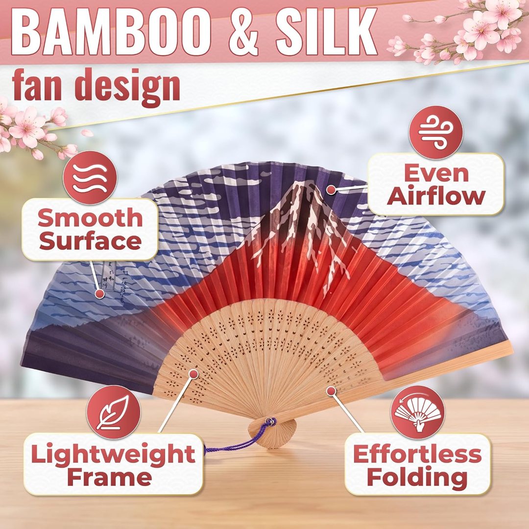 Silk Japanese Folding Fan with Mount Fuji, Bamboo Foldable Hand Fan, view 4