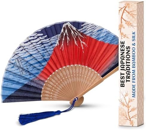 Silk Japanese Folding Fan with Mount Fuji, Bamboo Foldable Hand Fan