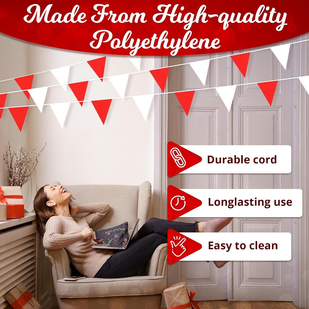 Triangle Pennant Banner Flags - 100 Ft Red and White Banner Flags on S, view 4